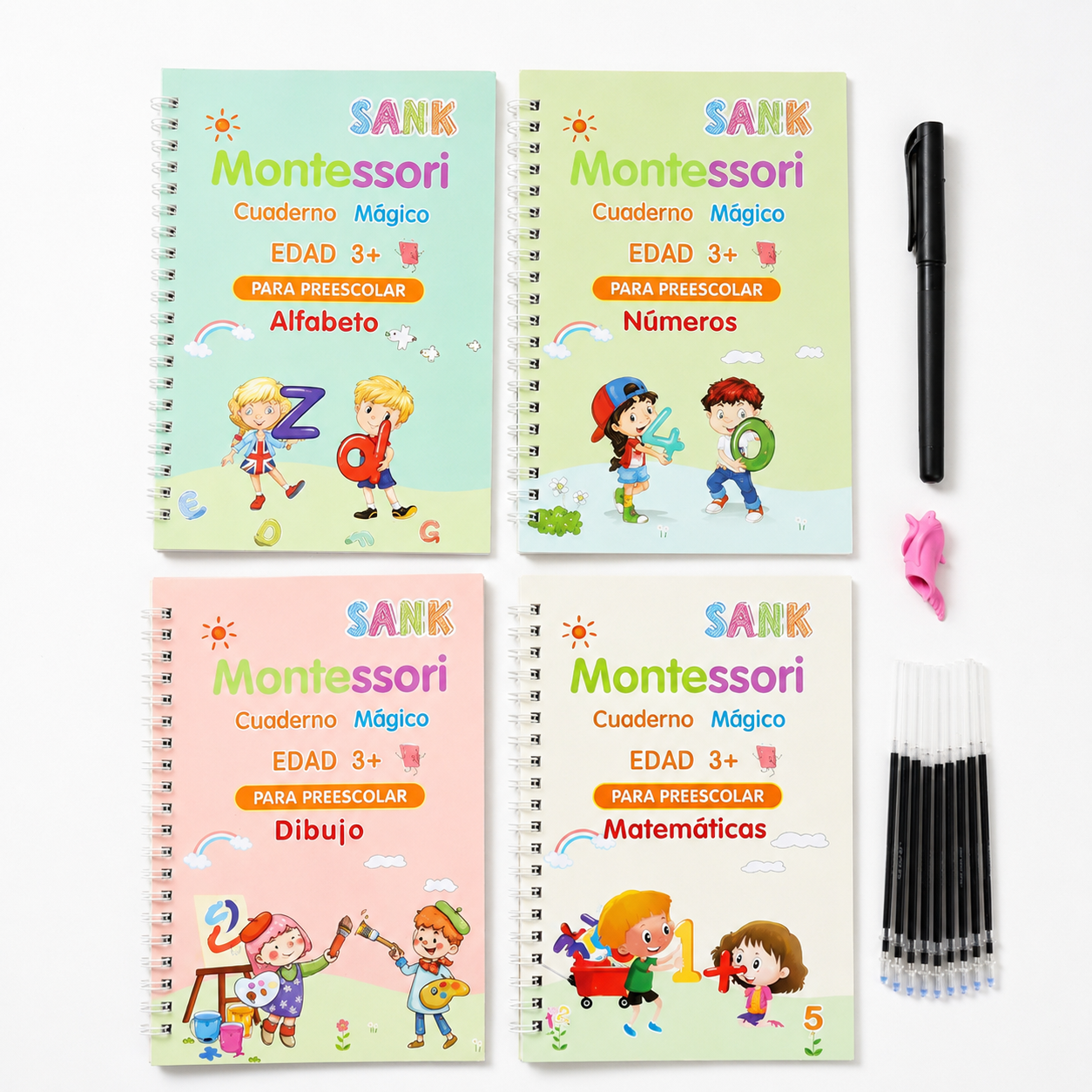 Set de 4 Libros Mágicos de Caligrafía Reutilizables — Alfabeto, Números, Matemáticas y Dibujo