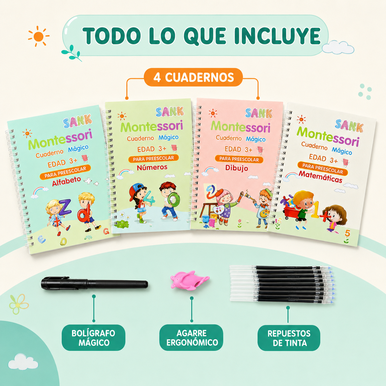 Set de 4 Libros Mágicos de Caligrafía Reutilizables — Alfabeto, Números, Matemáticas y Dibujo