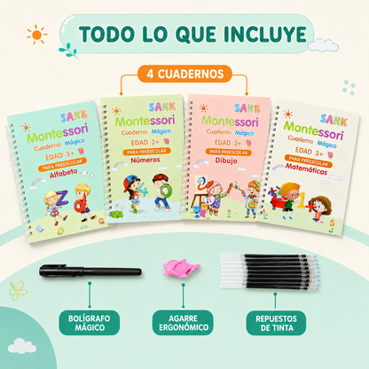 Set de 4 Libros Mágicos de Caligrafía Reutilizables — Alfabeto, Números, Matemáticas y Dibujo