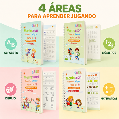 Set de 4 Libros Mágicos de Caligrafía Reutilizables — Alfabeto, Números, Matemáticas y Dibujo