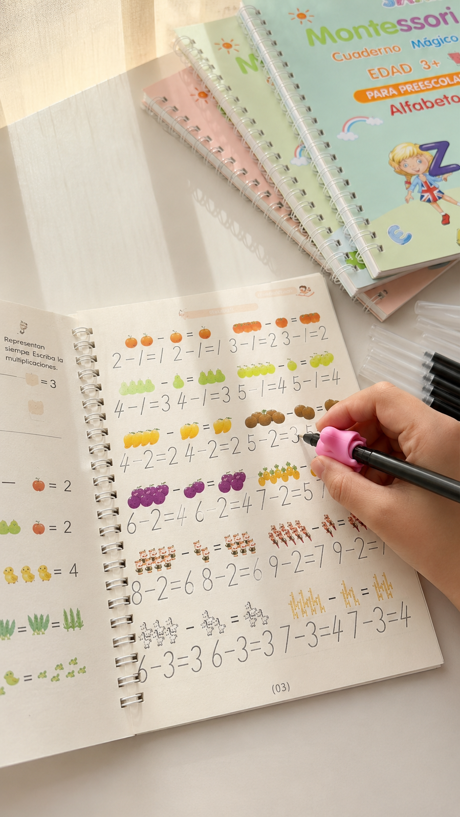 Set de 4 Libros Mágicos de Caligrafía Reutilizables — Alfabeto, Números, Matemáticas y Dibujo