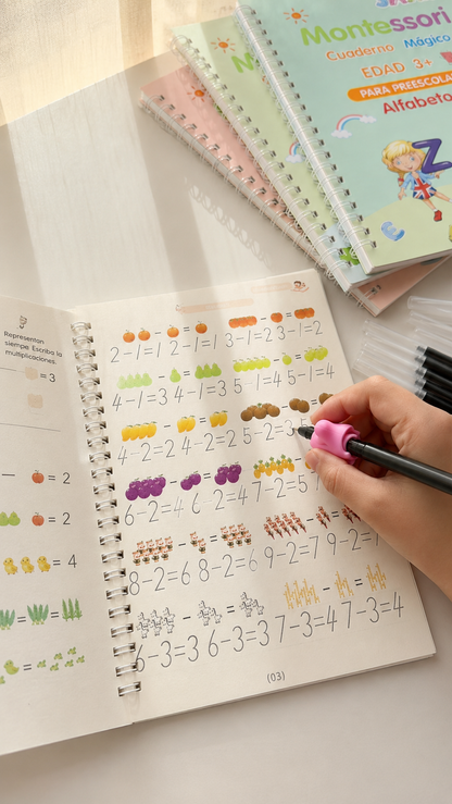Set de 4 Libros Mágicos de Caligrafía Reutilizables — Alfabeto, Números, Matemáticas y Dibujo