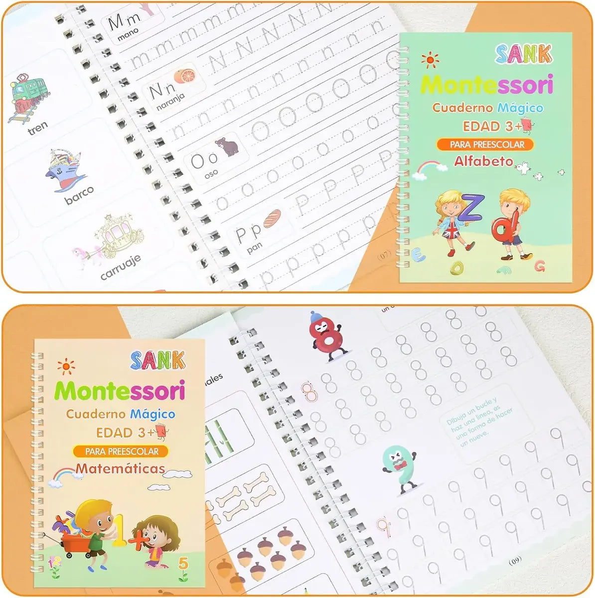 Set de 4 Libros Mágicos de Caligrafía Reutilizables — Alfabeto, Números, Matemáticas y Dibujo