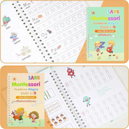 Set de 4 Libros Mágicos de Caligrafía Reutilizables — Alfabeto, Números, Matemáticas y Dibujo