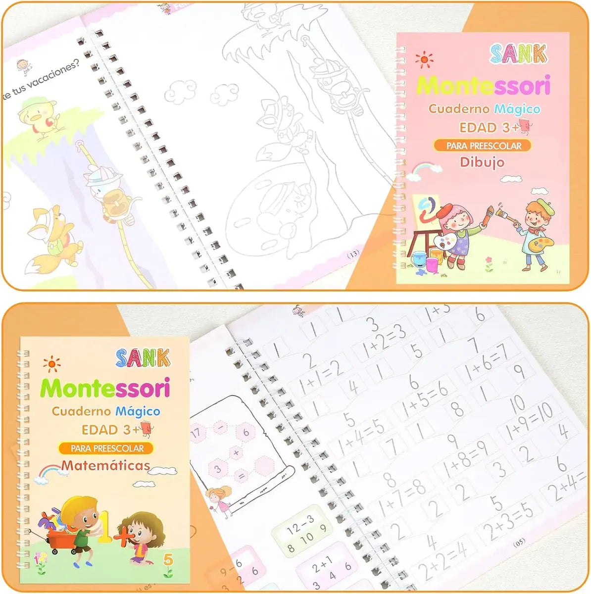 Set de 4 Libros Mágicos de Caligrafía Reutilizables — Alfabeto, Números, Matemáticas y Dibujo